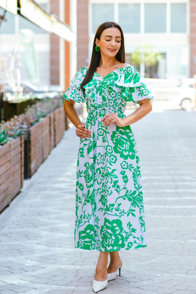 Yeşil%20Çiçek%20Desenli%20Poplin%20Volanlı%20Elbise