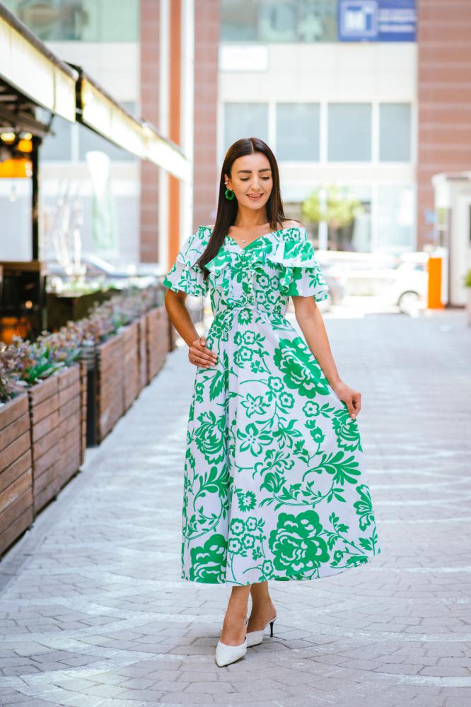 Yeşil%20Çiçek%20Desenli%20Poplin%20Volanlı%20Elbise