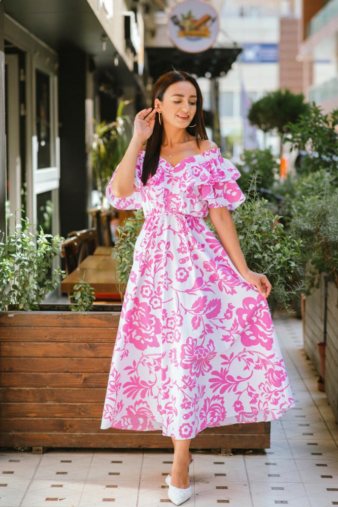 Pembe%20Çiçek%20Desenli%20Poplin%20Volanlı%20Elbise