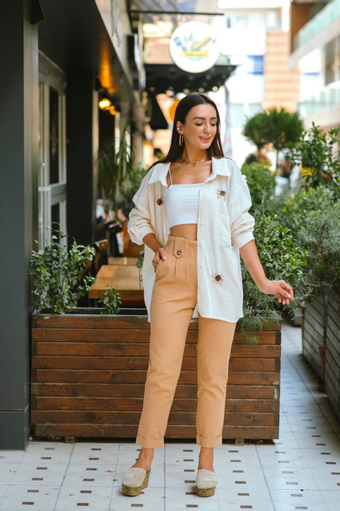 Yüksek%20Bel%20Duble%20Paça%20Camel%20Keten%20Pantalon