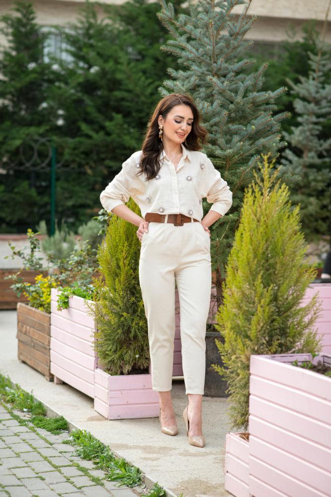 Taş%20Rengi%20Keten%20Kemerli%20Gabardin%20Pantolon