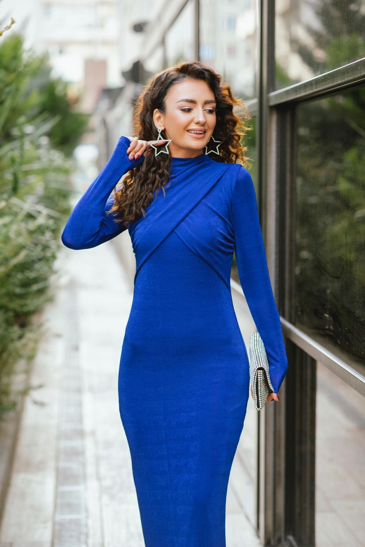 Tasarım Astarlı Saks Mavi Buzy Kumaş Elbise