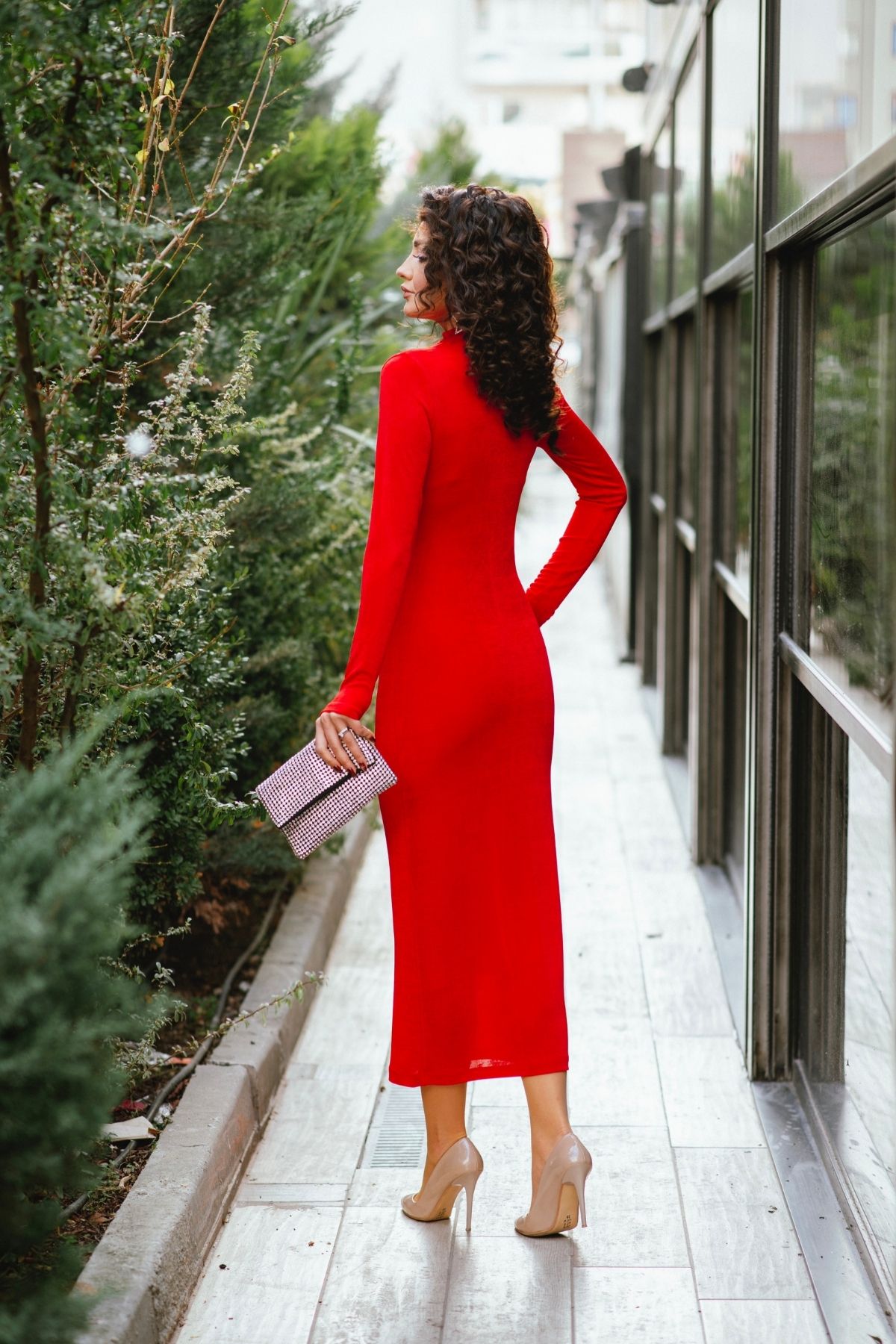 Tasarım Astarlı Kırmızı Buzy Kumaş Elbise