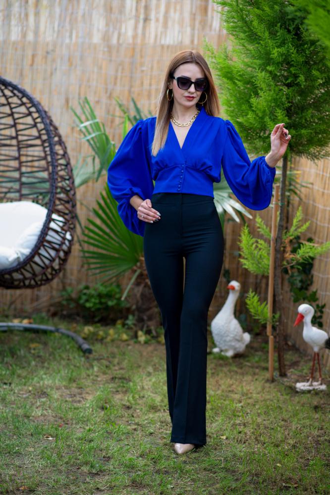 Saks%20Mavi%20Beli%20Korsajlı%20Krep%20Bluz
