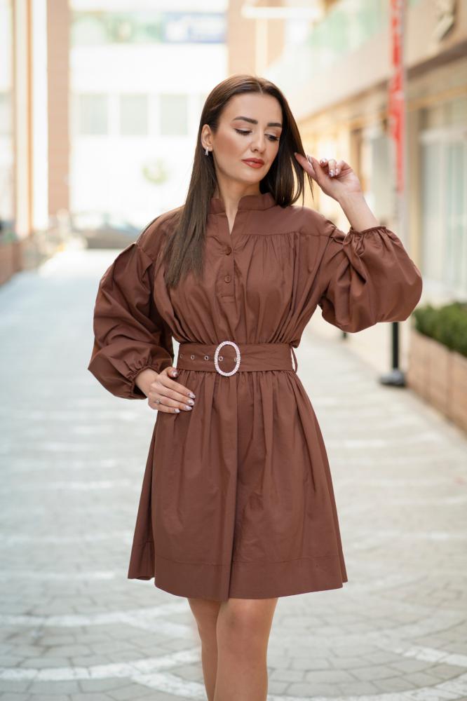 Kahve%20Poplin%20Taşlı%20Kemerli%20Elbise