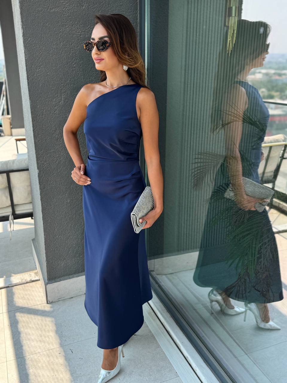 Lacivert%20Tok%20Saten%20Balık%20Form%20Elbise