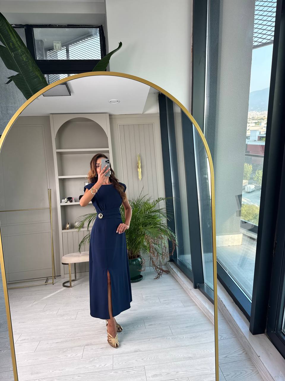 Lacivert%20Vatkalı%20Bel%20Detay%20Tensel%20Doku%20Elbise