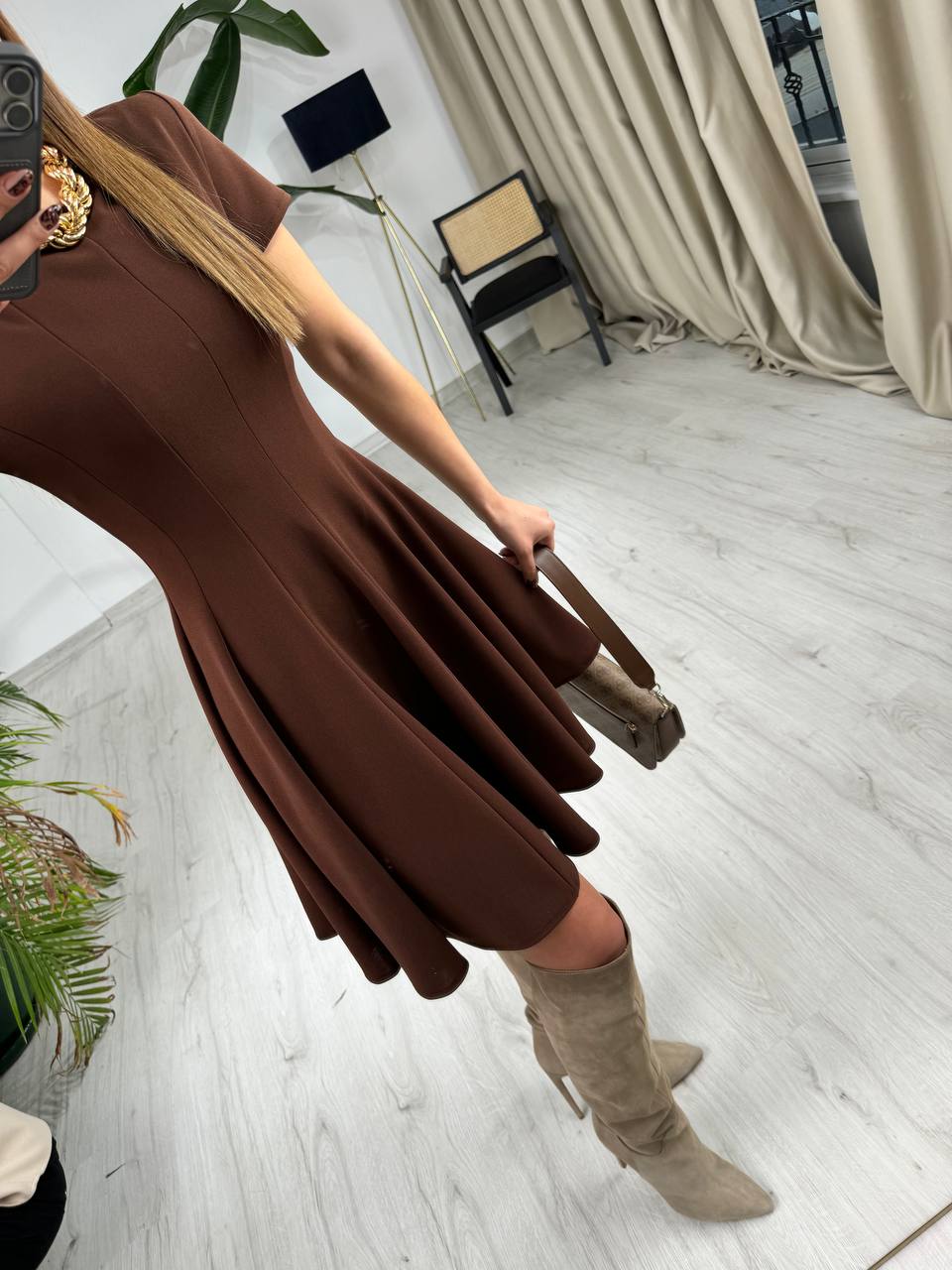 Kahverengi%20Zara%20Model%20Krep%20Kumaş%20Elbise