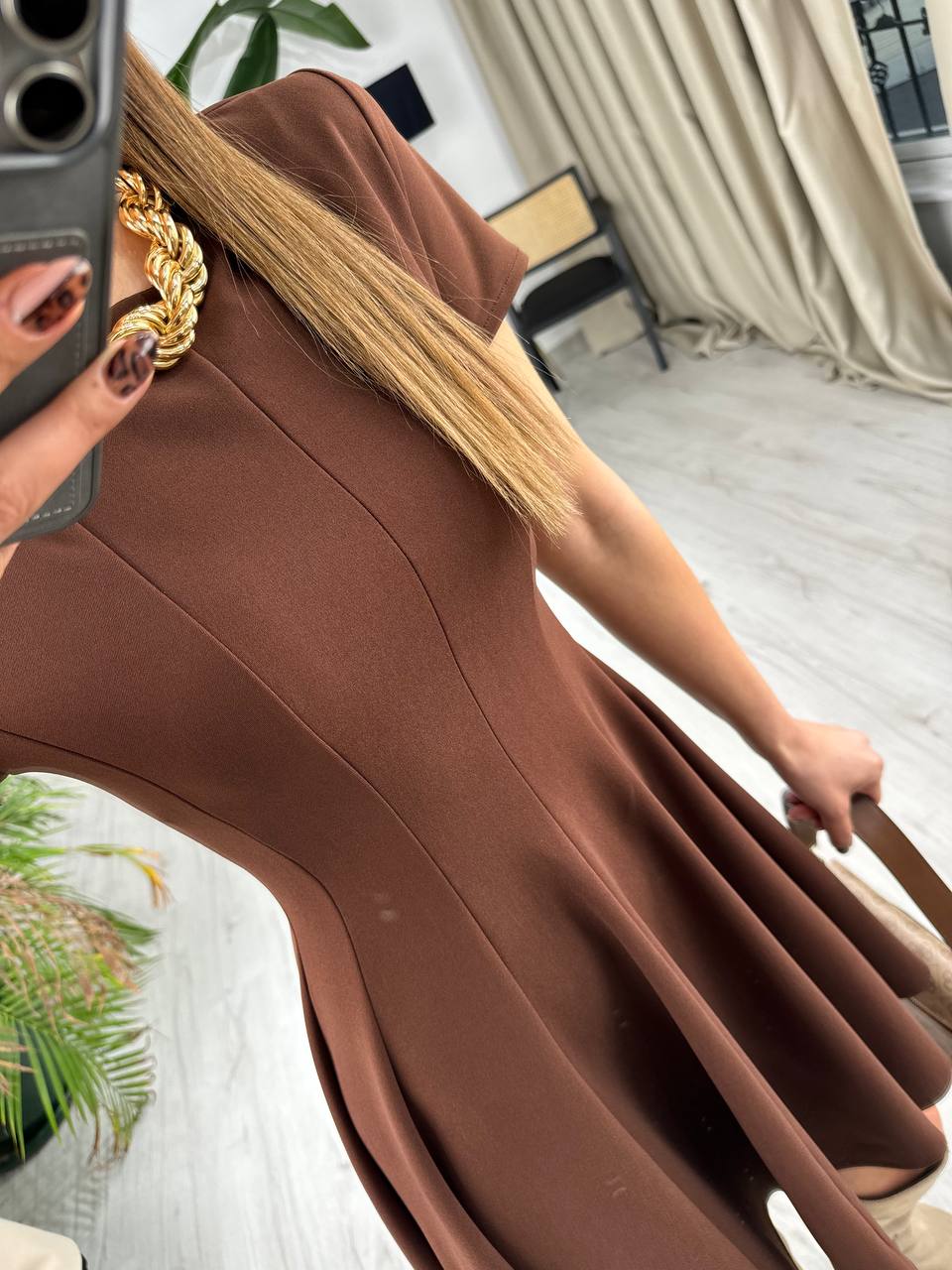 Kahverengi%20Zara%20Model%20Krep%20Kumaş%20Elbise