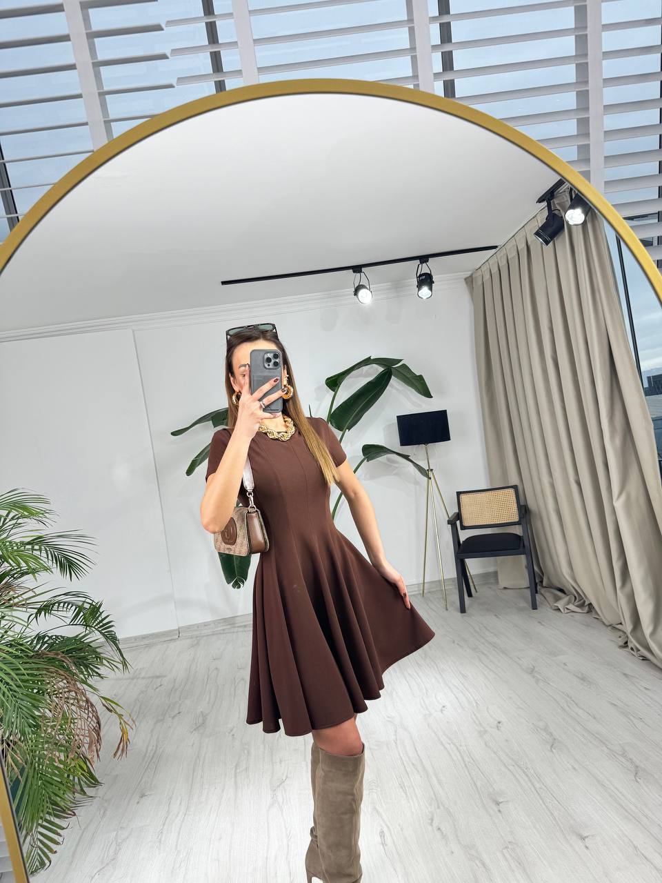 Kahverengi%20Zara%20Model%20Krep%20Kumaş%20Elbise