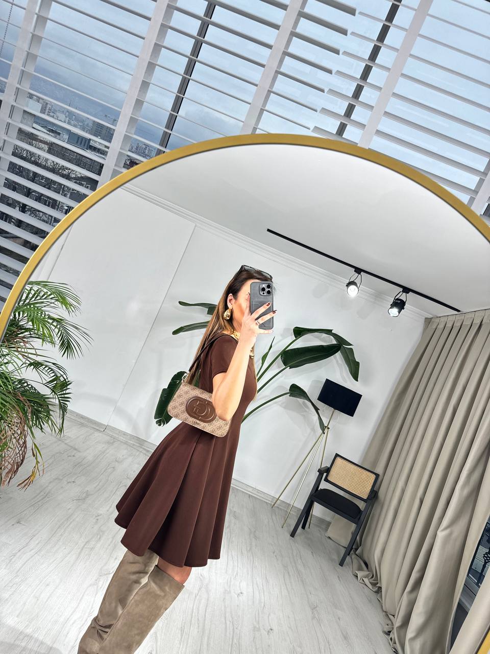 Kahverengi%20Zara%20Model%20Krep%20Kumaş%20Elbise