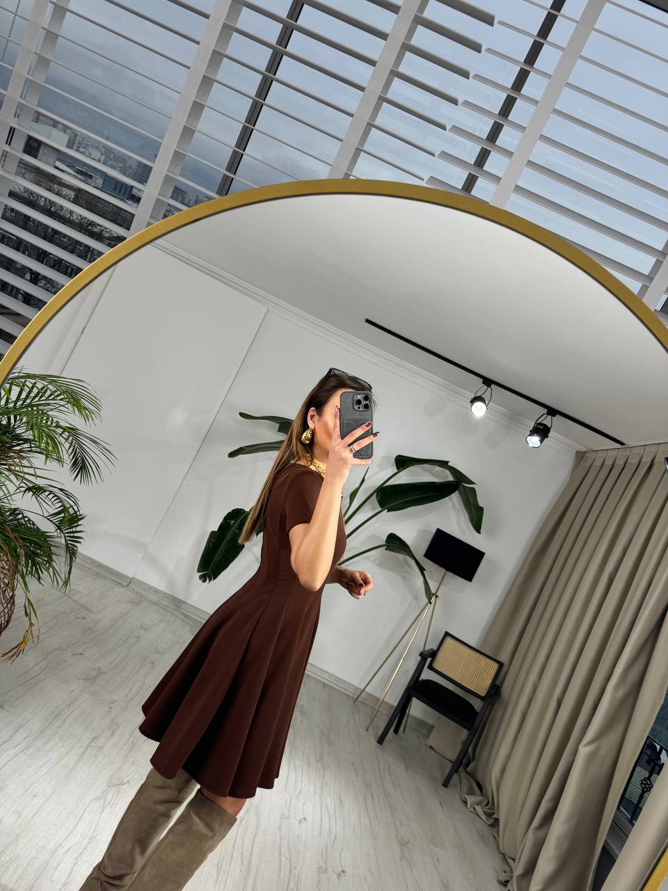 Kahverengi%20Zara%20Model%20Krep%20Kumaş%20Elbise