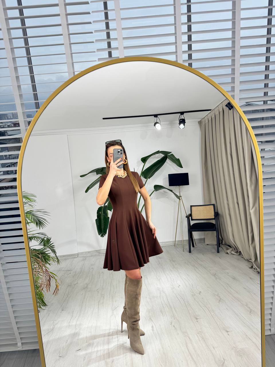 Kahverengi%20Zara%20Model%20Krep%20Kumaş%20Elbise