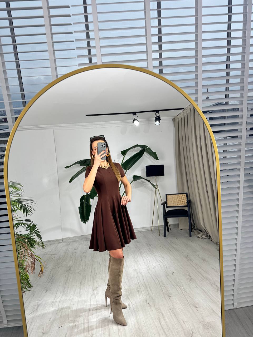 Kahverengi%20Zara%20Model%20Krep%20Kumaş%20Elbise