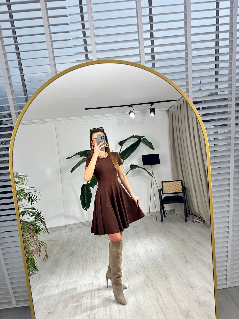 Kahverengi%20Zara%20Model%20Krep%20Kumaş%20Elbise