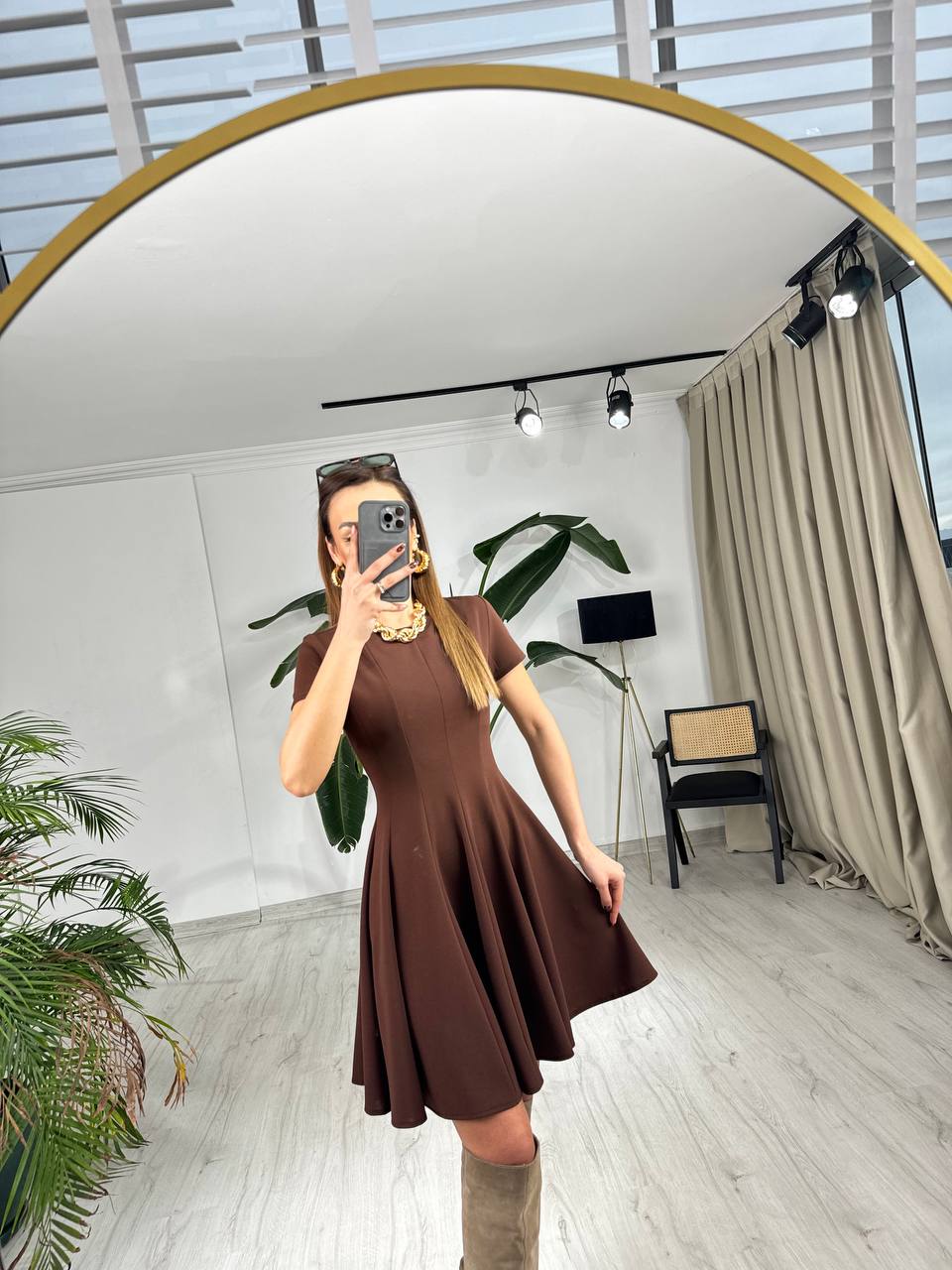 Kahverengi%20Zara%20Model%20Krep%20Kumaş%20Elbise
