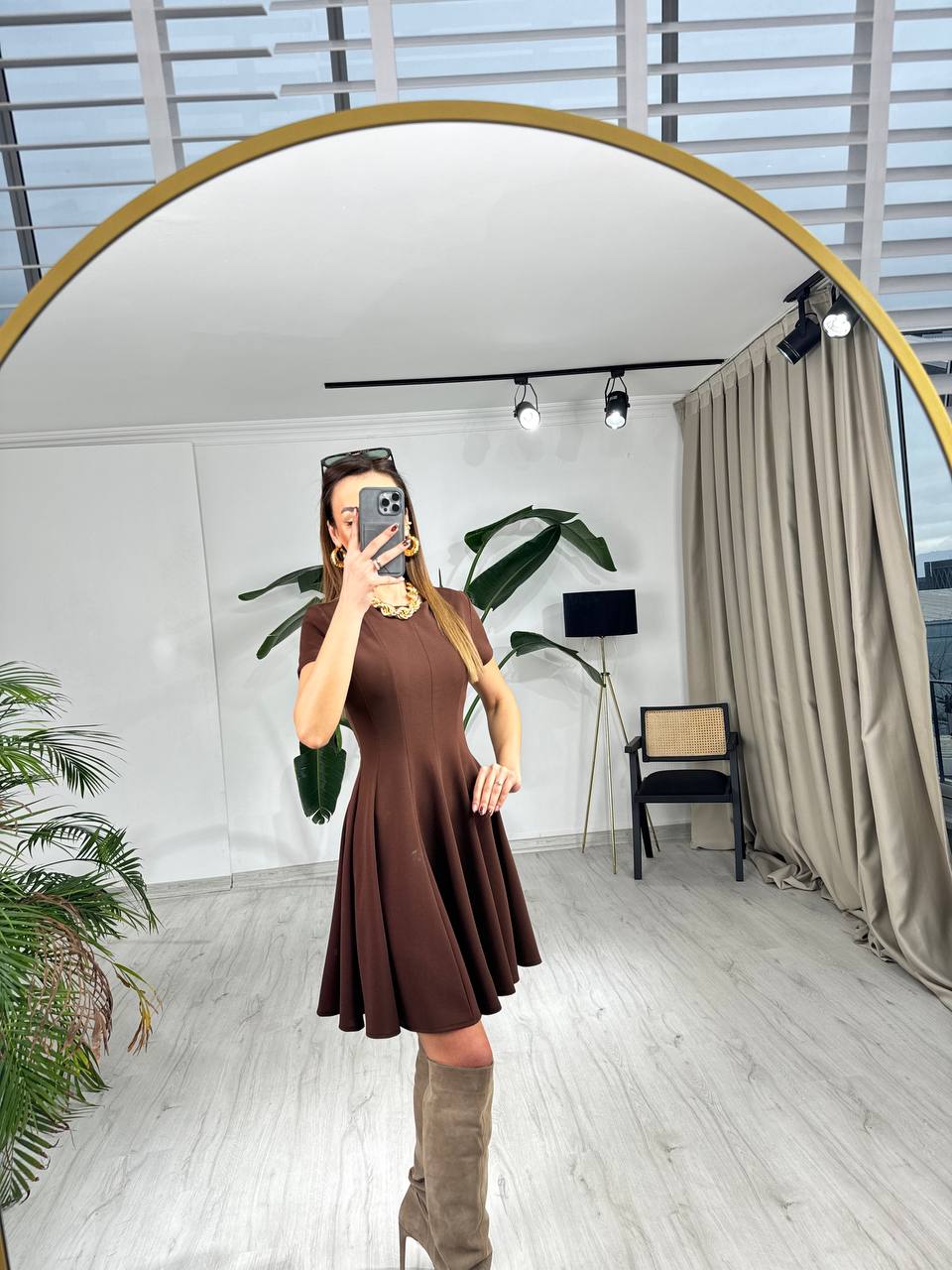 Kahverengi%20Zara%20Model%20Krep%20Kumaş%20Elbise