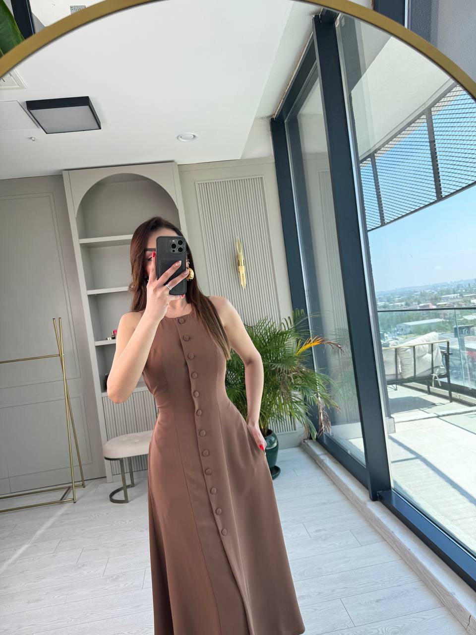 Vizon%20Kahve%20Arka%20Bağlamalı%20Cepli%20İthal%20İpekli%20Krep%20Elbise