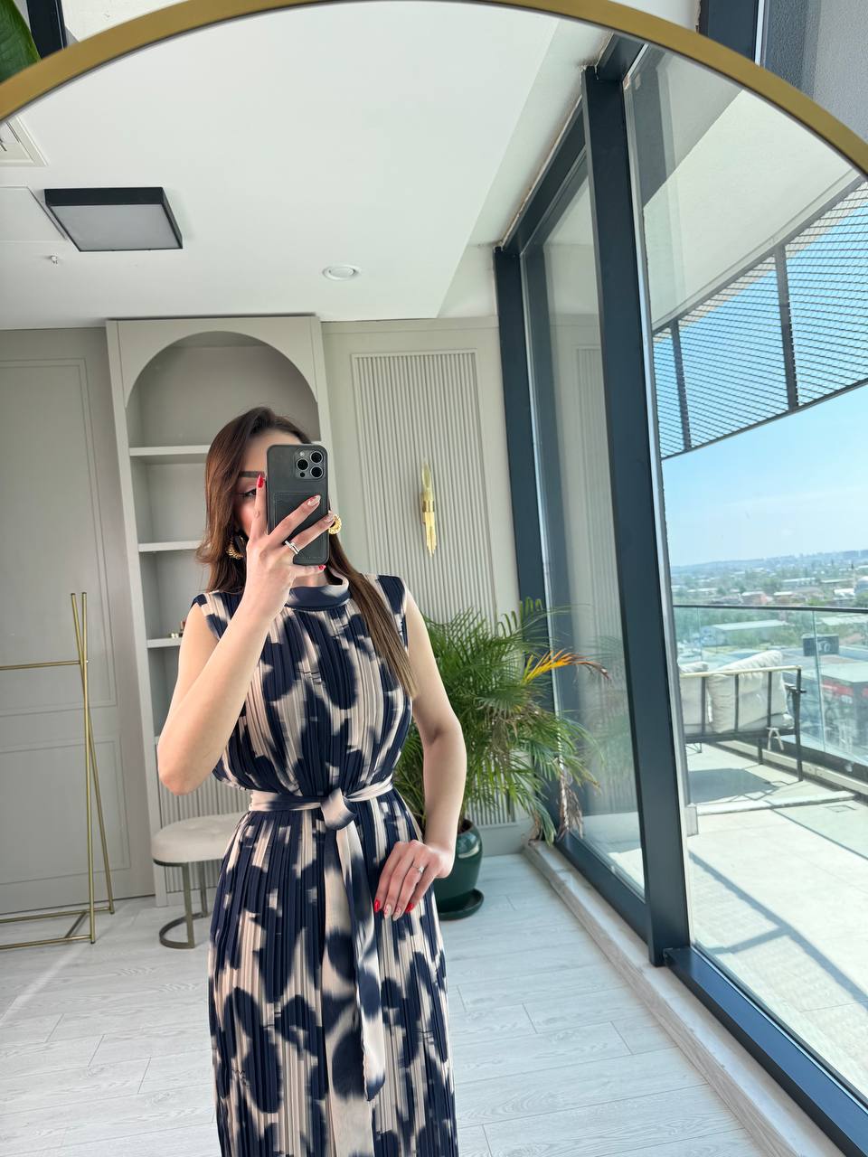 İndigo%20Desenli%20İnce%20Piliseli%20Astarlı%20Premium%20Şifon%20Elbise