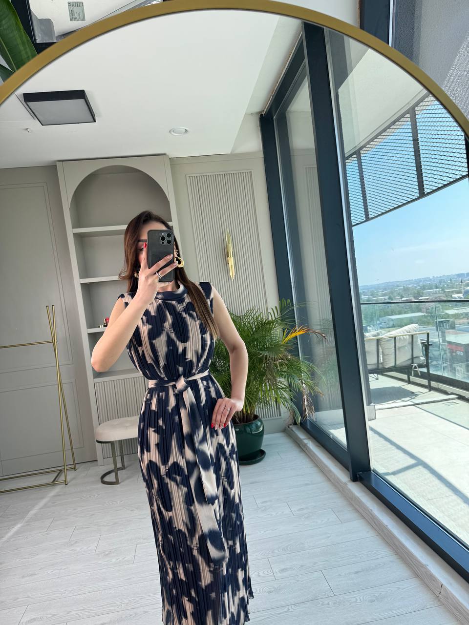 İndigo%20Desenli%20İnce%20Piliseli%20Astarlı%20Premium%20Şifon%20Elbise