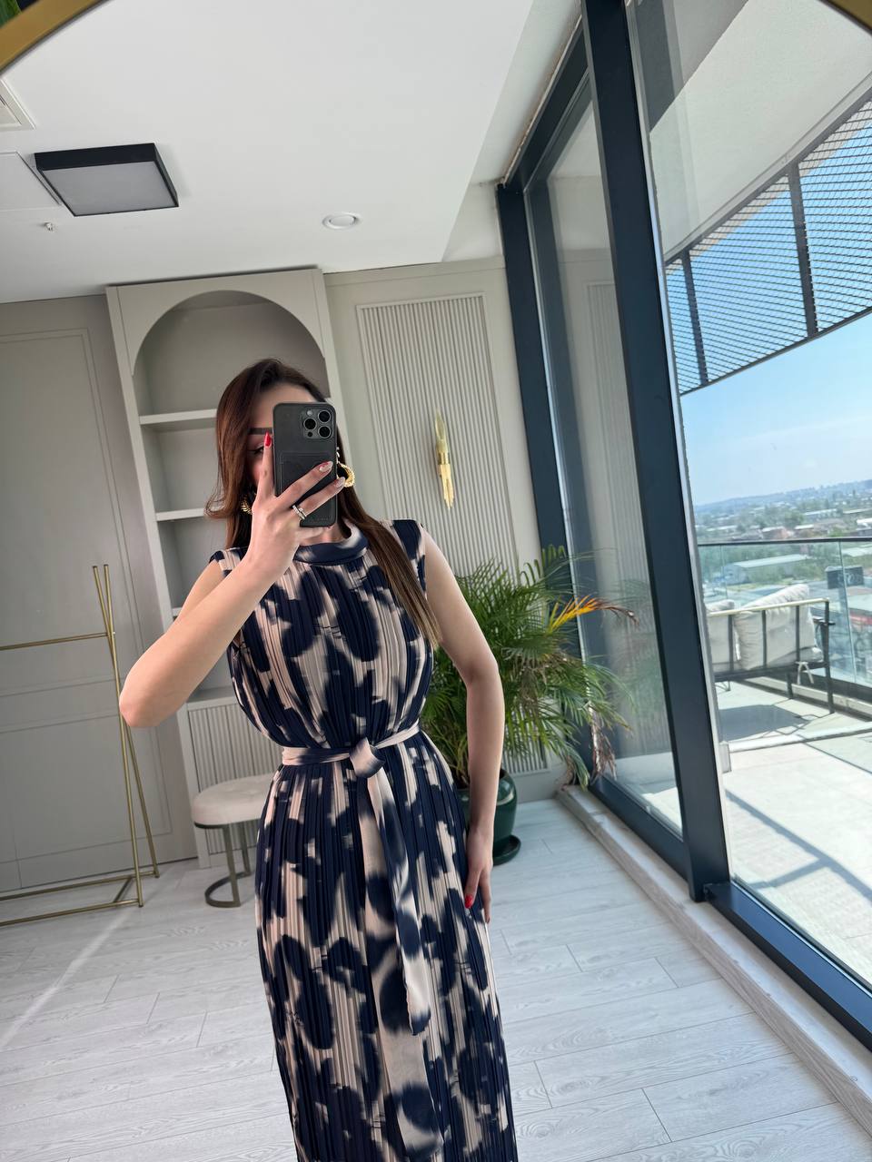 İndigo%20Desenli%20İnce%20Piliseli%20Astarlı%20Premium%20Şifon%20Elbise