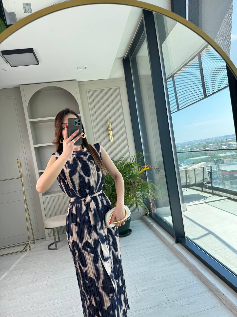 İndigo%20Desenli%20İnce%20Piliseli%20Astarlı%20Premium%20Şifon%20Elbise