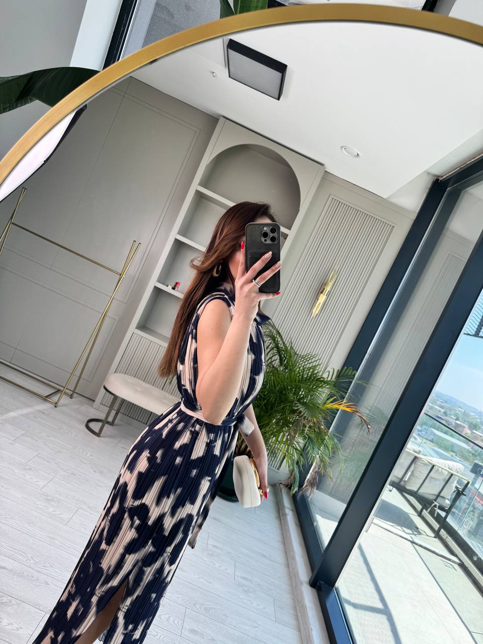 İndigo%20Desenli%20İnce%20Piliseli%20Astarlı%20Premium%20Şifon%20Elbise