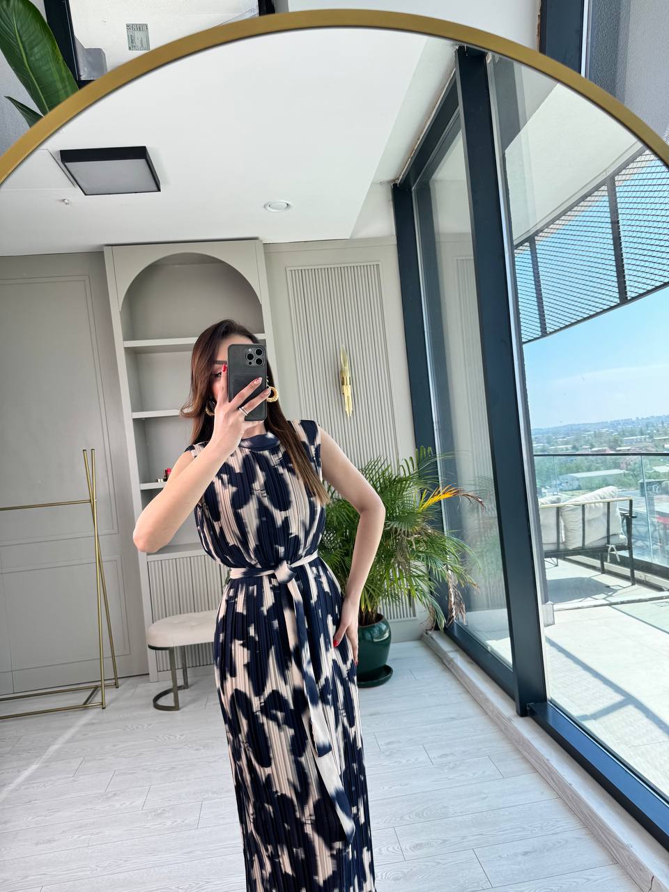 İndigo%20Desenli%20İnce%20Piliseli%20Astarlı%20Premium%20Şifon%20Elbise
