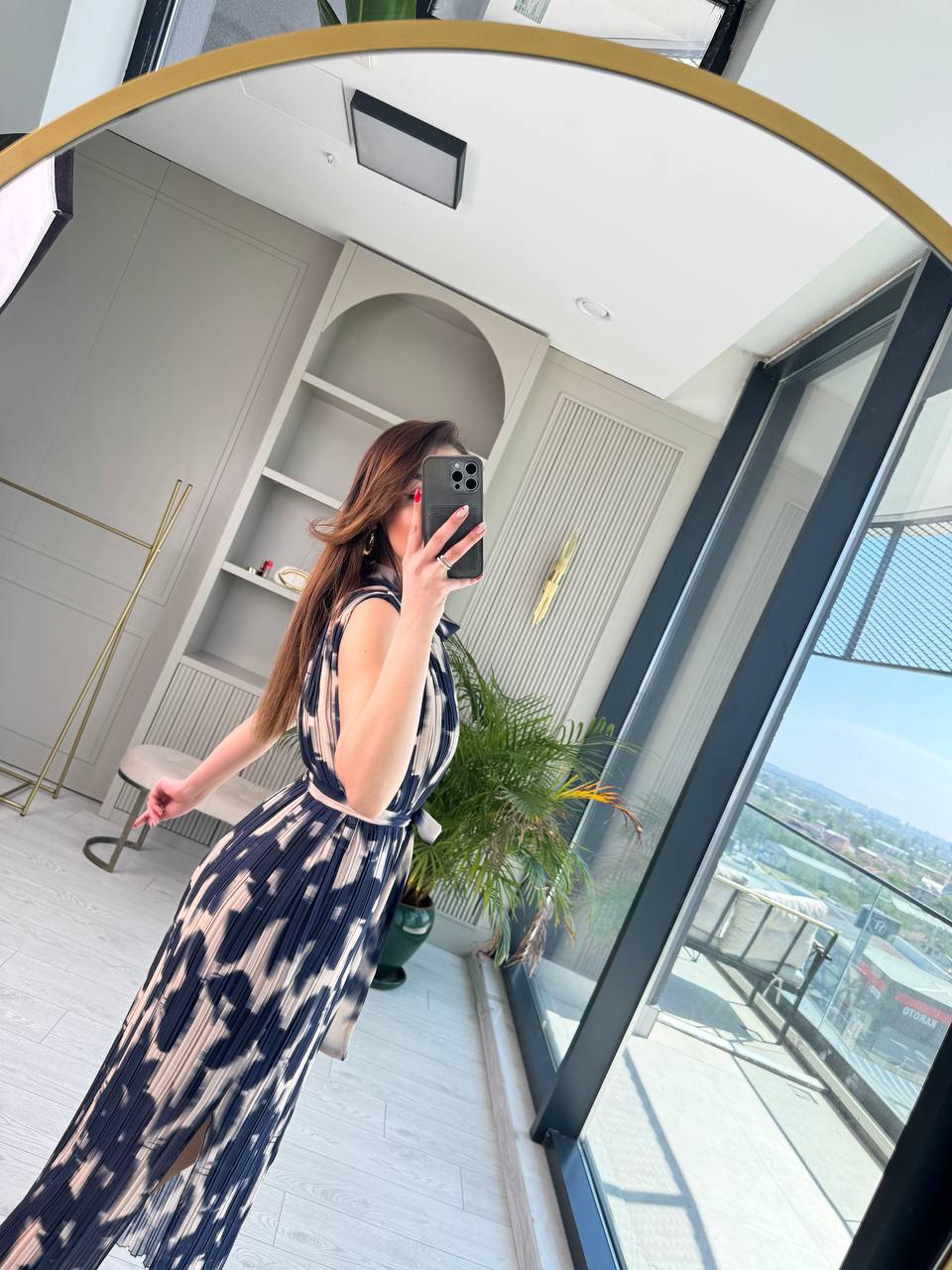 İndigo%20Desenli%20İnce%20Piliseli%20Astarlı%20Premium%20Şifon%20Elbise