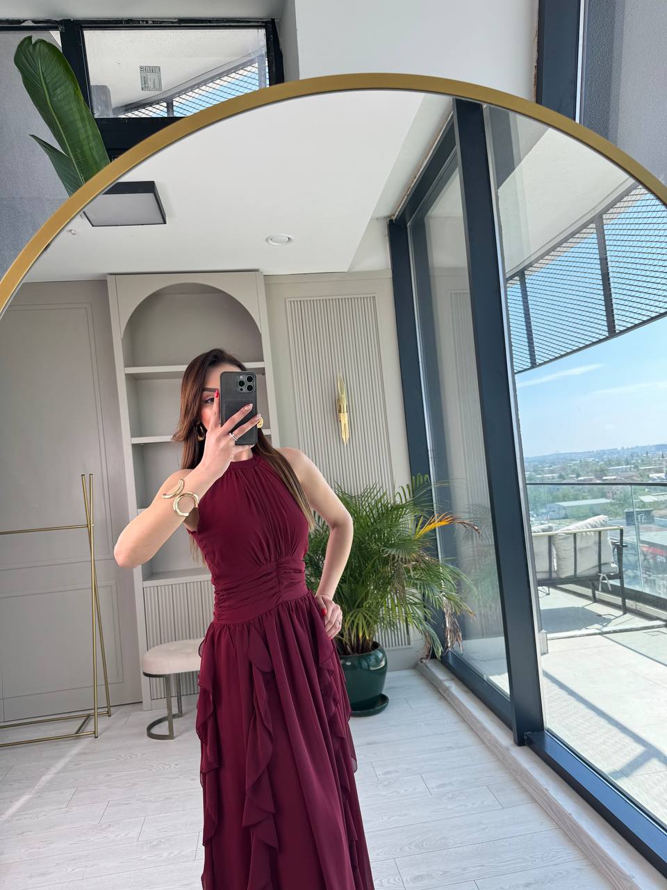 Tasarım%20Bordo%20Etek%20Detaylı%20Astarlı%20Şifon%20Elbise
