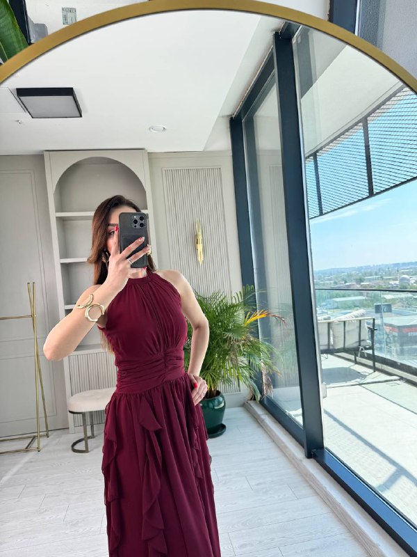 Tasarım%20Bordo%20Etek%20Detaylı%20Astarlı%20Şifon%20Elbise