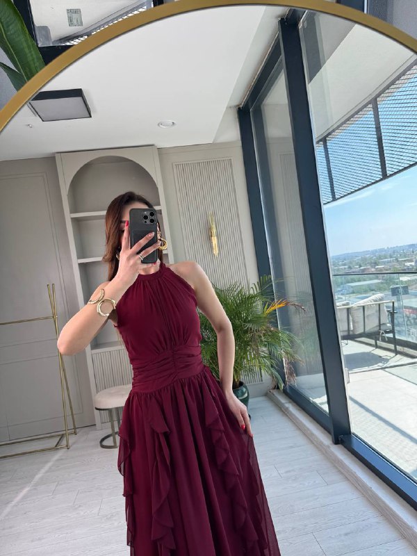 Tasarım%20Bordo%20Etek%20Detaylı%20Astarlı%20Şifon%20Elbise