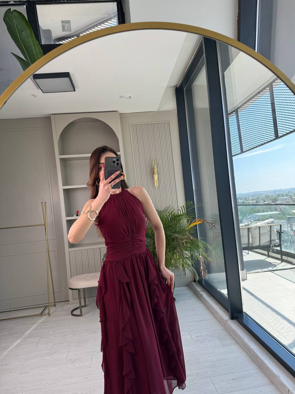 Tasarım%20Bordo%20Etek%20Detaylı%20Astarlı%20Şifon%20Elbise