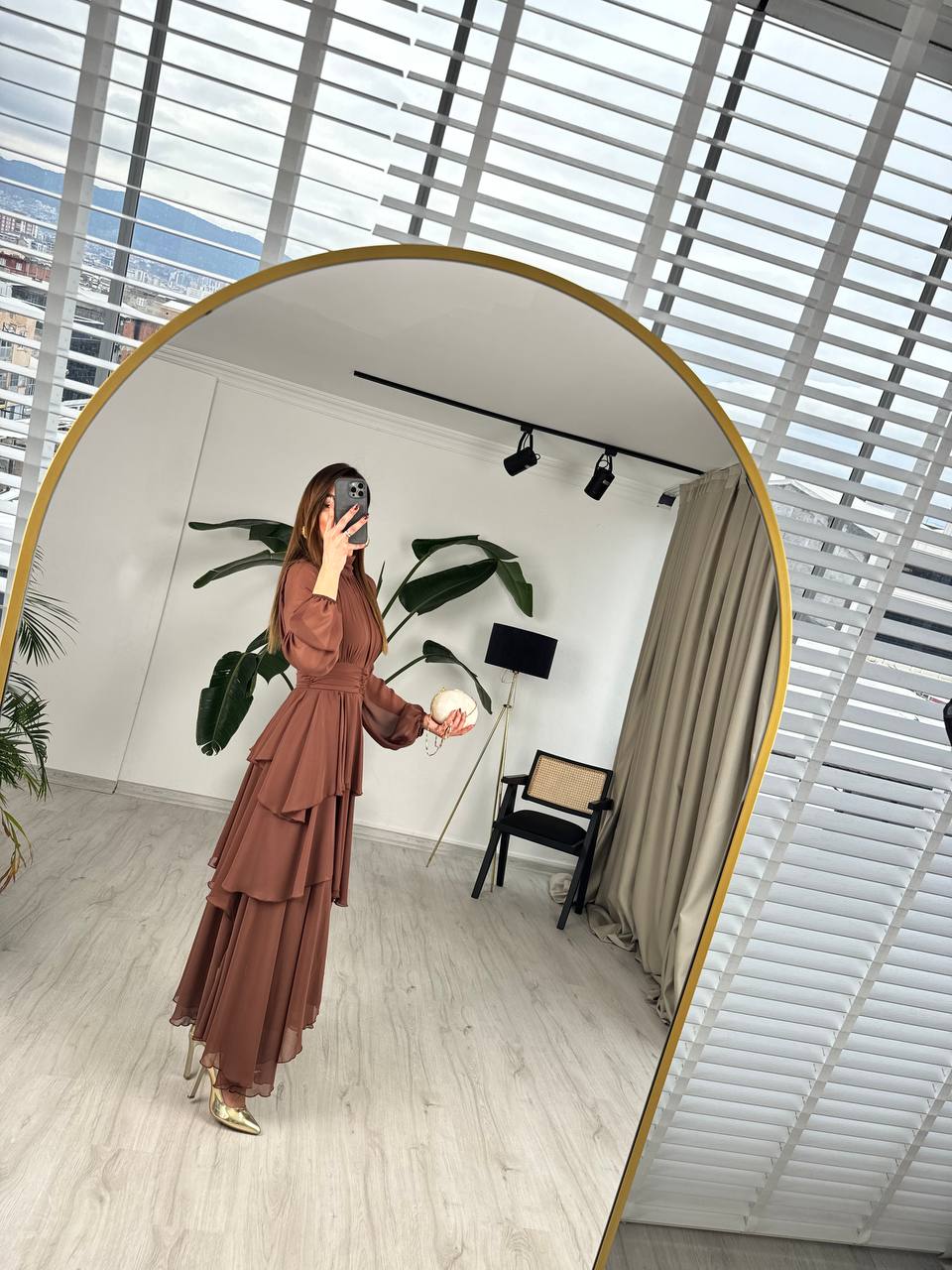 Tasarım%20Kahverengi%20Astarlı%20Beli%20Korsajlı%20Valencia%20Şifon%20Elbise