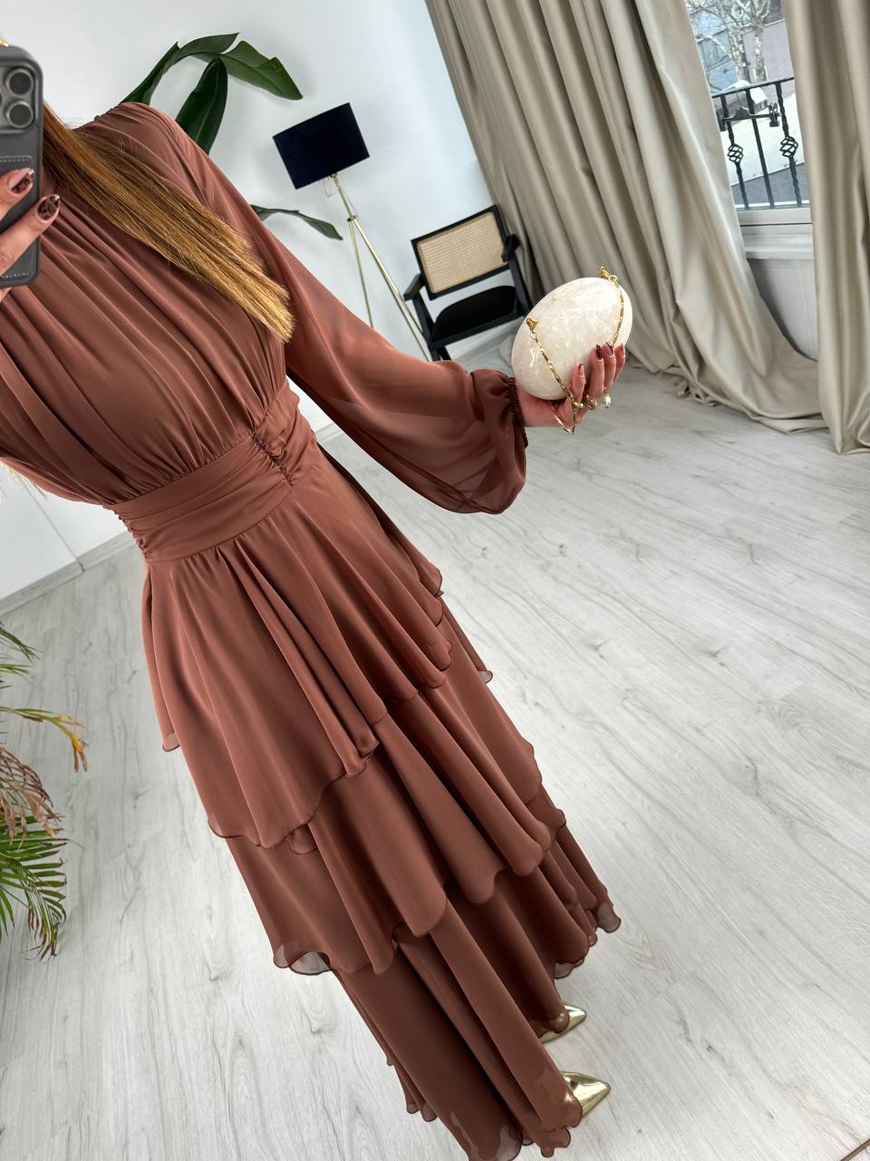 Tasarım%20Kahverengi%20Astarlı%20Beli%20Korsajlı%20Valencia%20Şifon%20Elbise