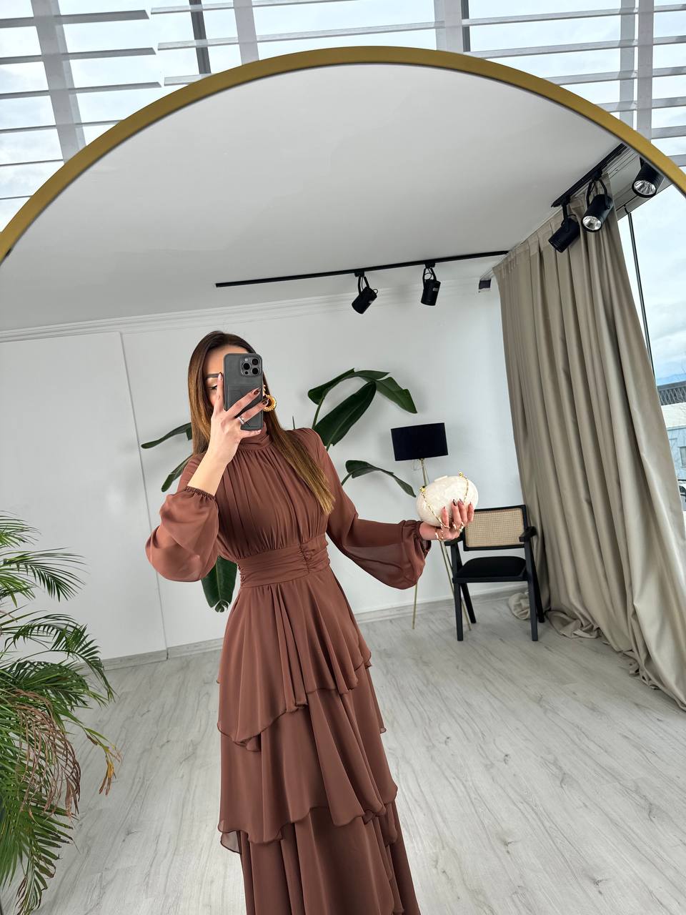 Tasarım%20Kahverengi%20Astarlı%20Beli%20Korsajlı%20Valencia%20Şifon%20Elbise