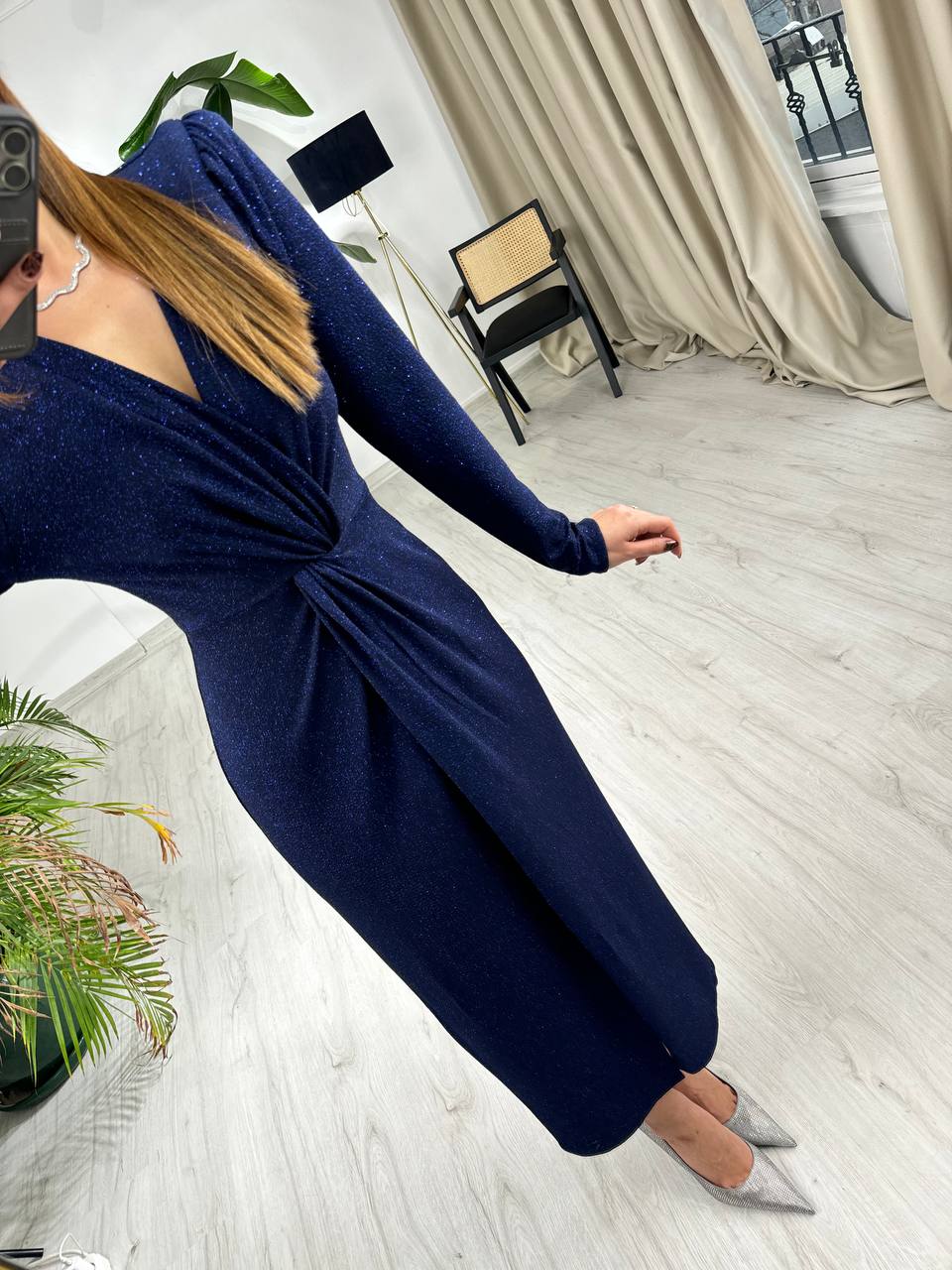 Lacivert%20Kruvaze%20Yaka%20Bel%20Detaylı%20Vatkalı%20Işıltılı%20Elbise
