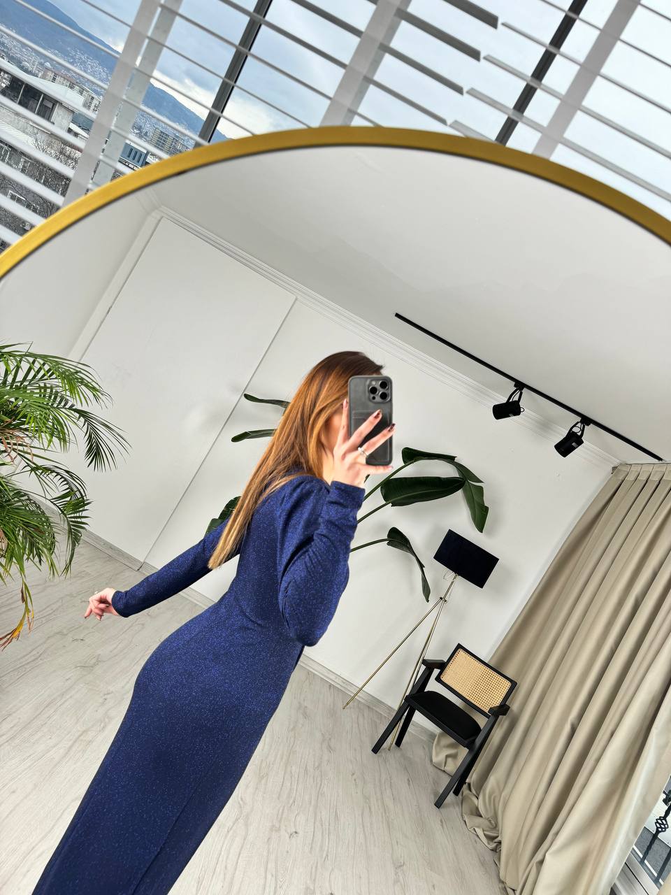 Lacivert%20Kruvaze%20Yaka%20Bel%20Detaylı%20Vatkalı%20Işıltılı%20Elbise