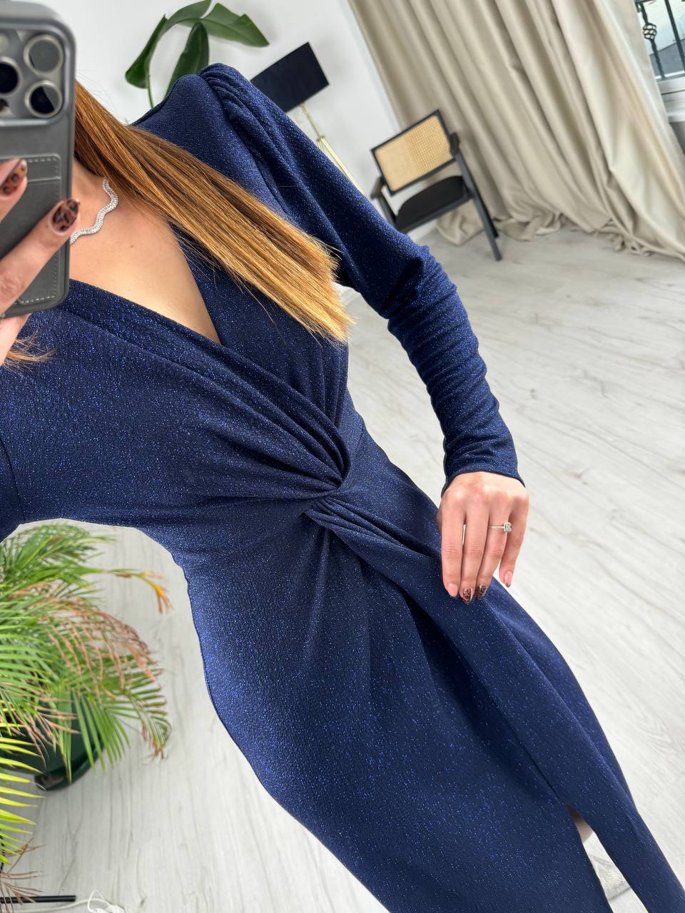 Lacivert%20Kruvaze%20Yaka%20Bel%20Detaylı%20Vatkalı%20Işıltılı%20Elbise
