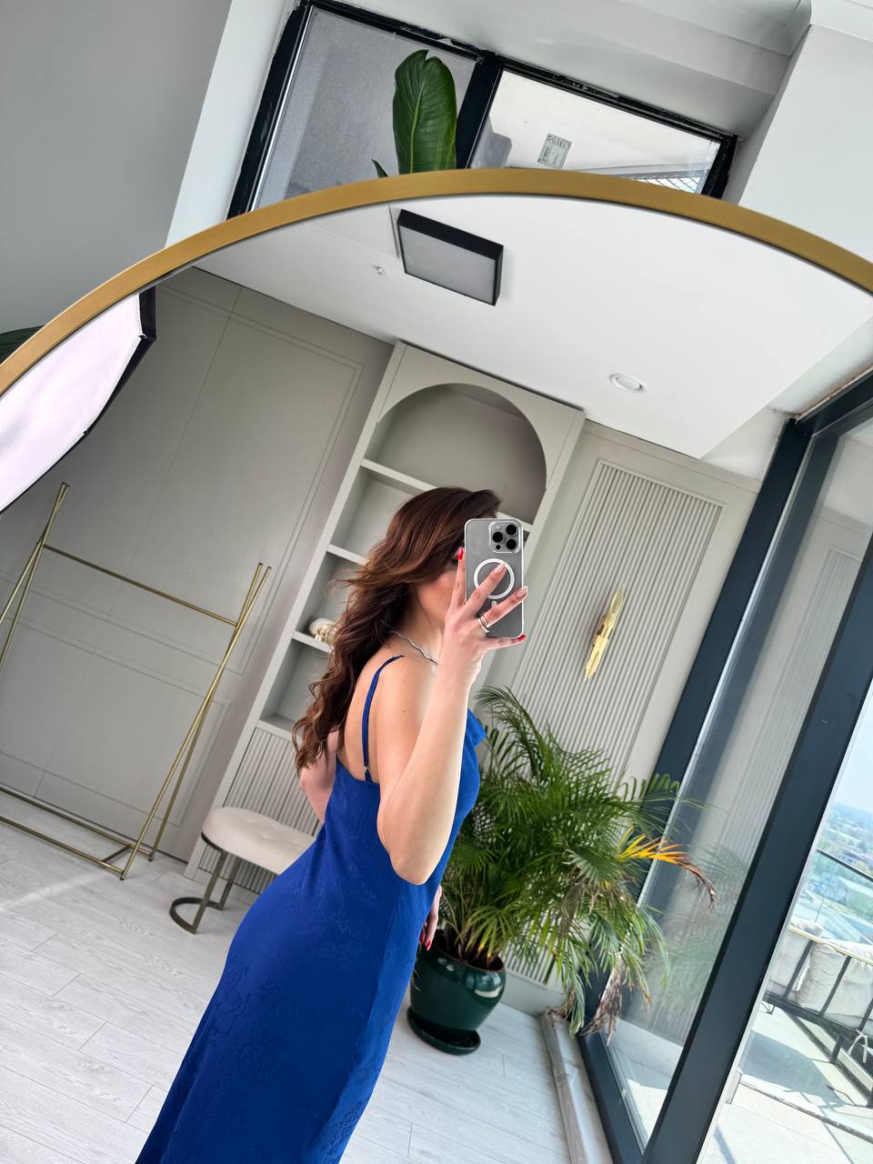 Saks%20Mavi%20Degaje%20Yaka%20Jakarlı%20Pamuk%20Saten%20Elbise