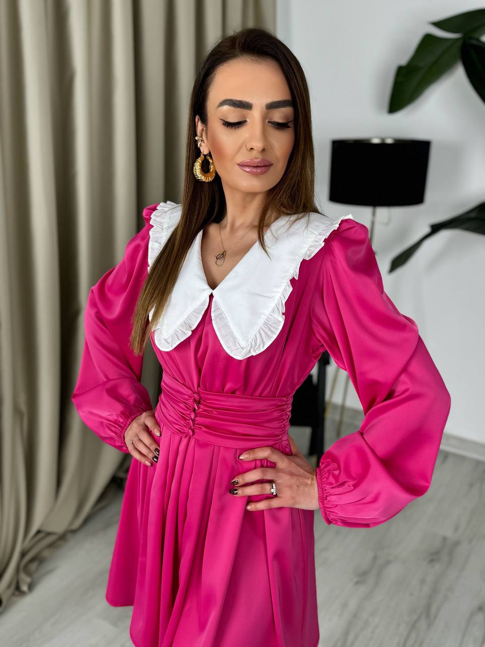 Tasarım%20Fuşya%20Bebe%20Yaka%20Tok%20Saten%20Elbise