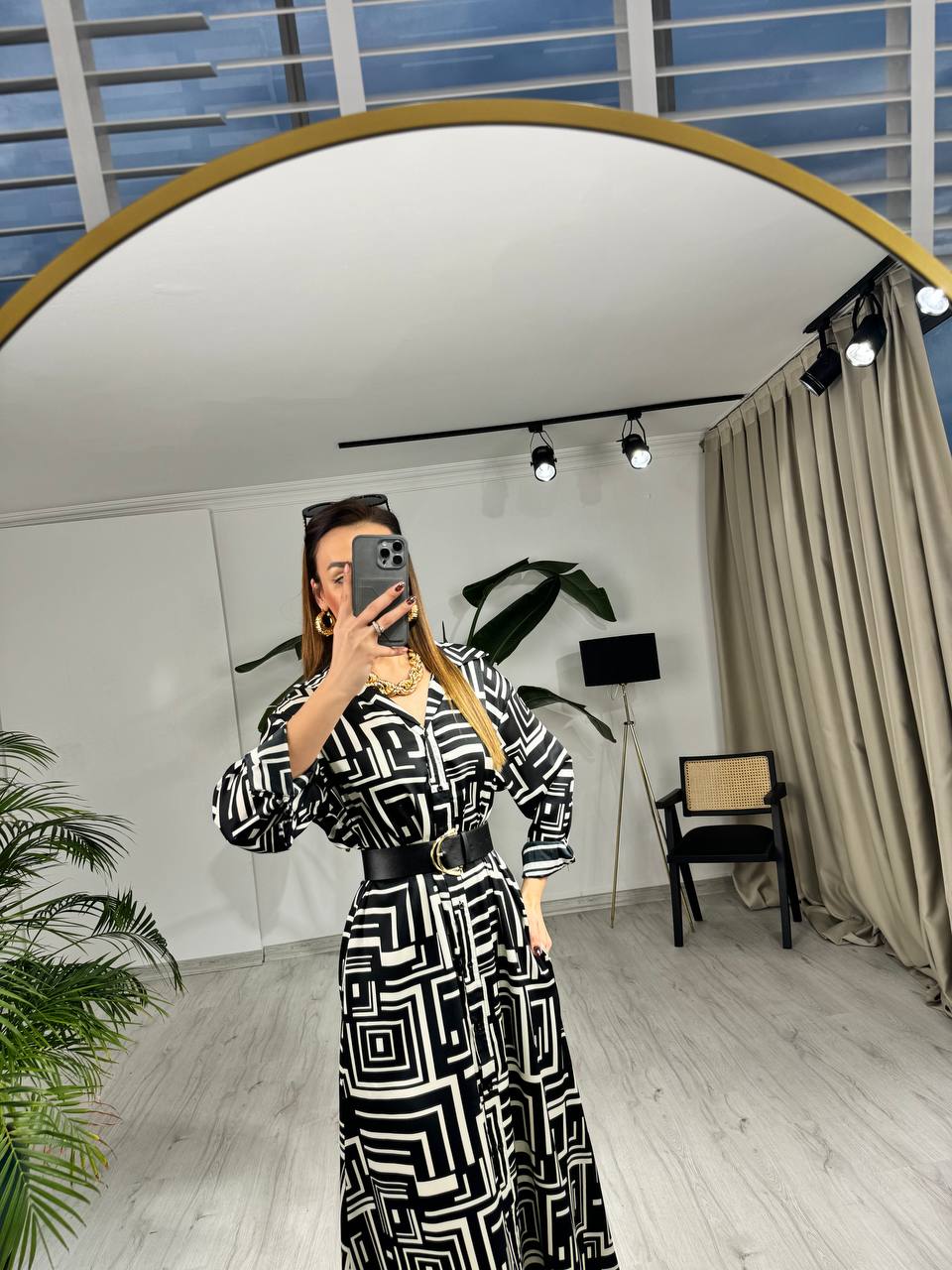 Siyah%20Desenli%20Pamuk%20Saten%20Kemerli%20Gömlek%20Elbise