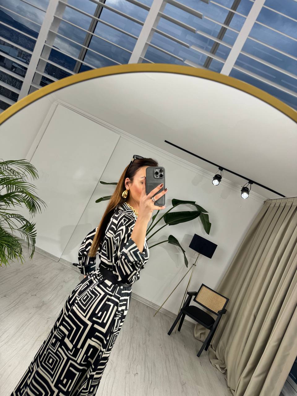 Siyah%20Desenli%20Pamuk%20Saten%20Kemerli%20Gömlek%20Elbise