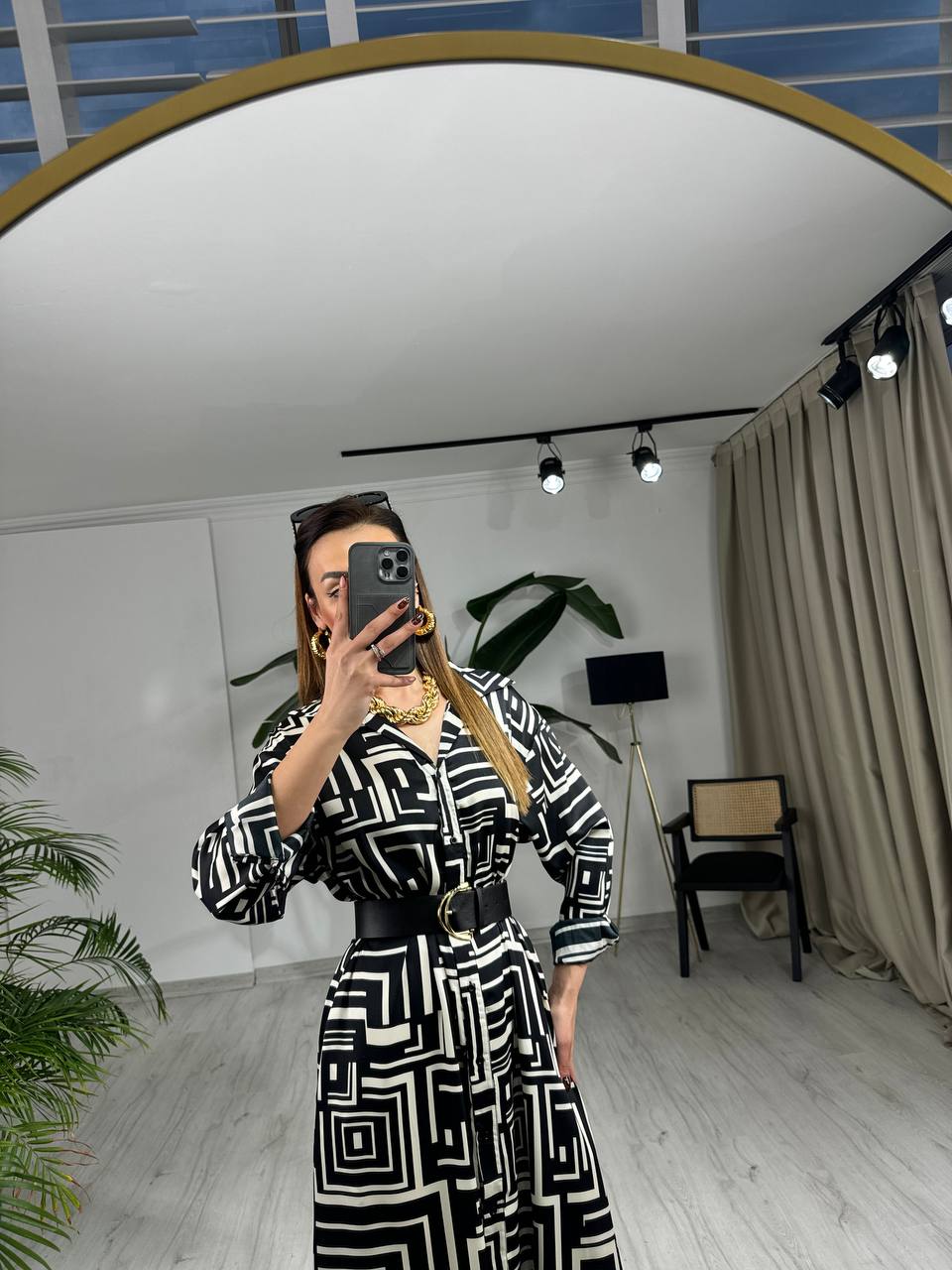 Siyah%20Desenli%20Pamuk%20Saten%20Kemerli%20Gömlek%20Elbise