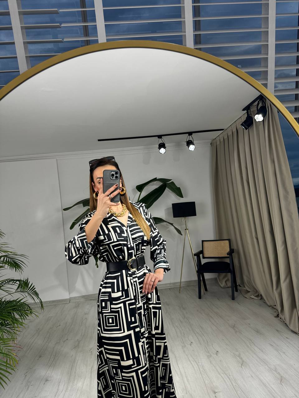 Siyah%20Desenli%20Pamuk%20Saten%20Kemerli%20Gömlek%20Elbise