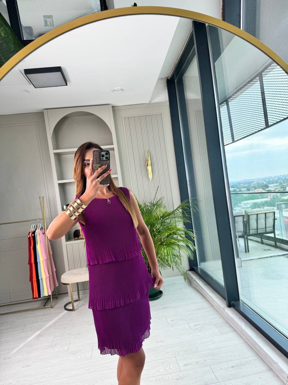 Mor%20İnce%20Piliseli%20Katlı%20Astarlı%20Premium%20Şifon%20Elbise