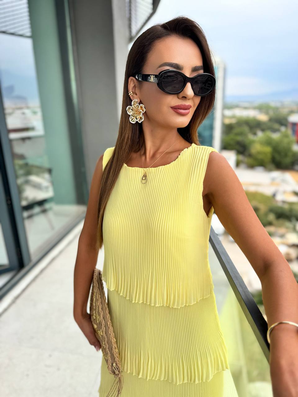 Sarı%20İnce%20Piliseli%20Katlı%20Astarlı%20Premium%20Şifon%20Elbise