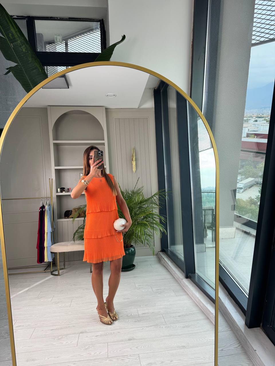 Orange%20İnce%20Piliseli%20Katlı%20Astarlı%20Premium%20Şifon%20Elbise