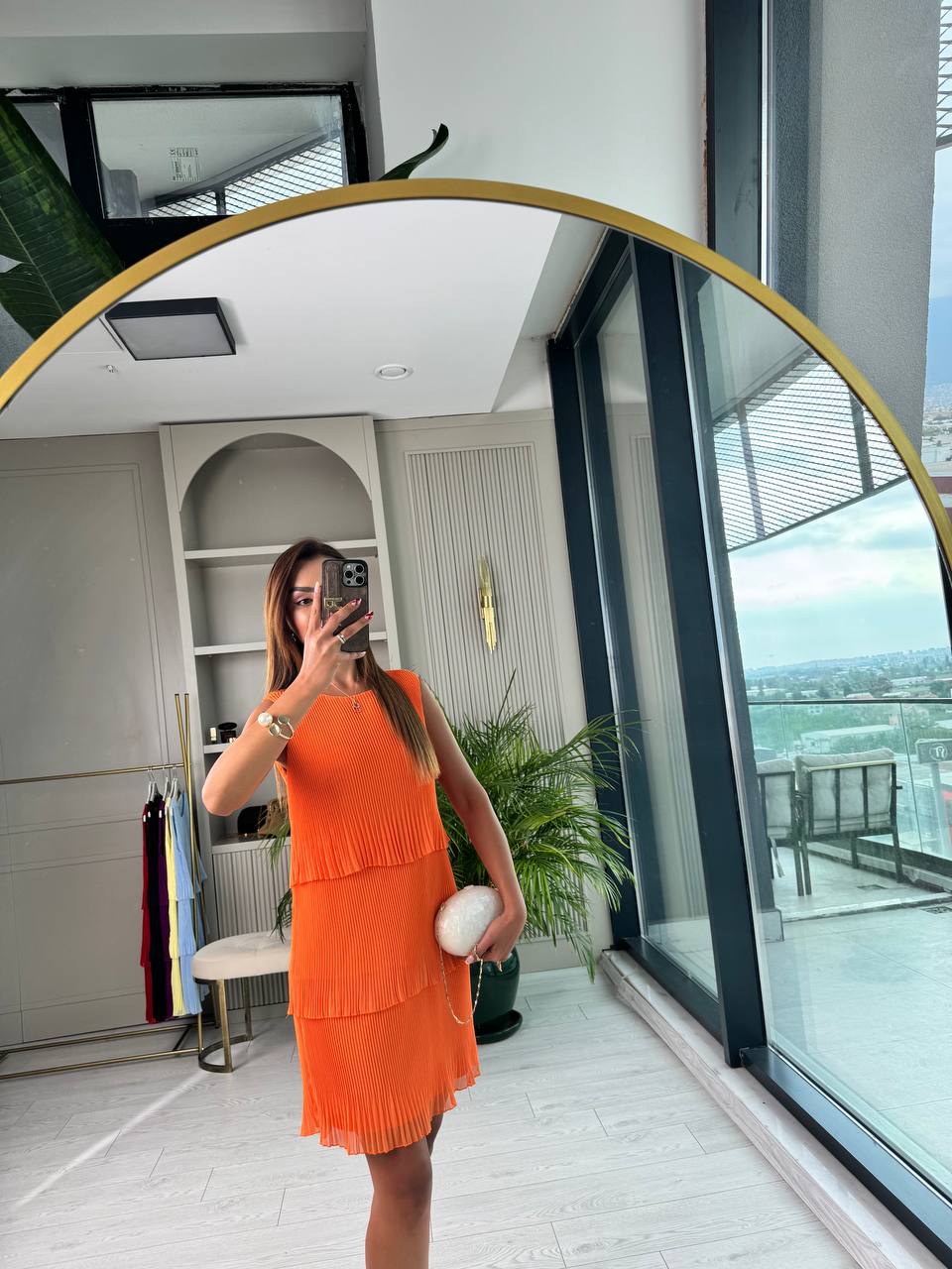 Orange%20İnce%20Piliseli%20Katlı%20Astarlı%20Premium%20Şifon%20Elbise