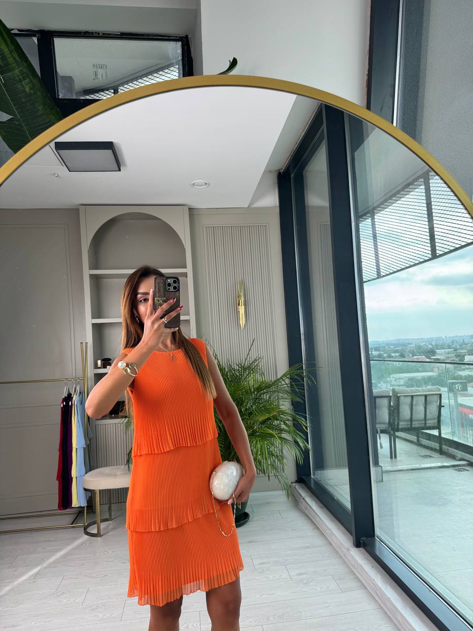 Orange%20İnce%20Piliseli%20Katlı%20Astarlı%20Premium%20Şifon%20Elbise